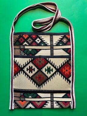 Woven Aztec Pattern Carpet Crossbody Satchel/Tote in Cream and Multi Colours